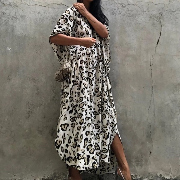 New Leopard Animal Print Bohemian Kaftan Kimono Dress Coverup - Picture 8 of 8